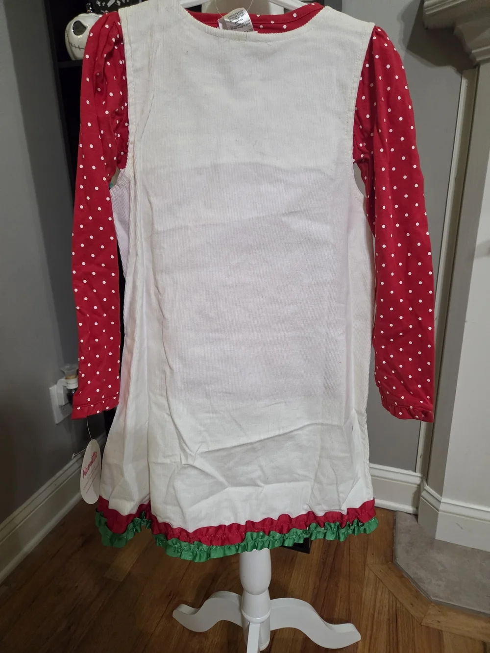 **nwt W/stain*Nannette White Dress with Green Christmas Tree & Red Polka Dot Top